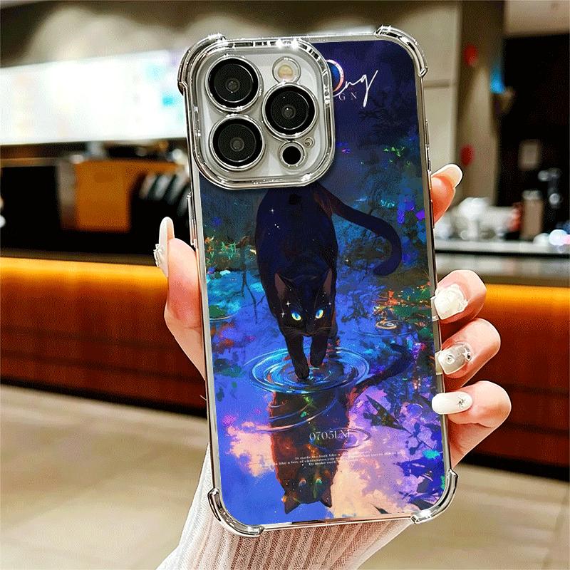 

Night Moon Cat Dreamy Art Soft Phone Case For iPhone 15 16 17 Air 14 Pro Max 16E Plus 13 12 Mini Plating Anti-Fall Fundas iPhone 16 Pro