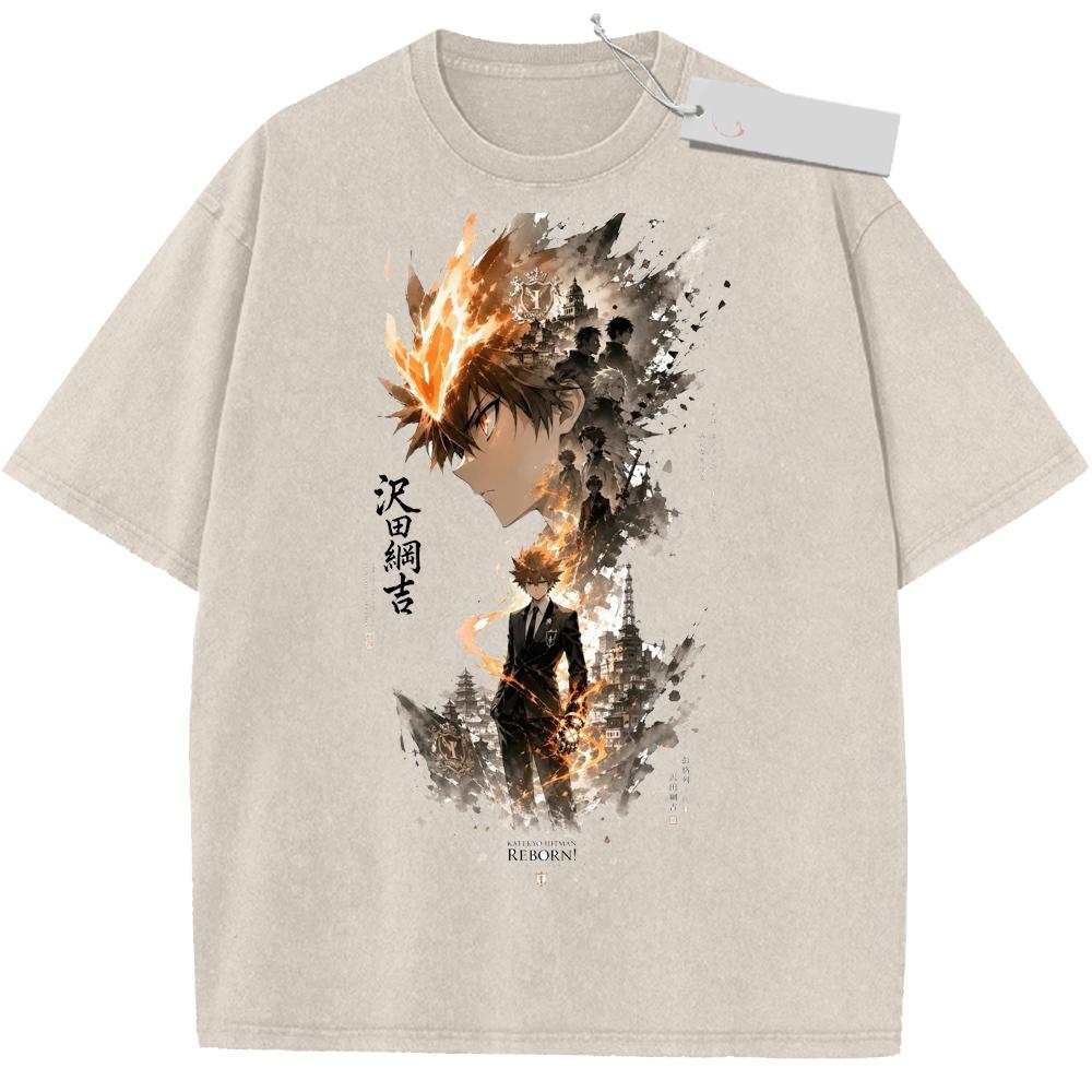 Anime HITMAN REBORN ! Series Gokudera Hayato Washed T-shirt Summer Tops Cotton Short Sleeve Tee Men Clothing T Shirt