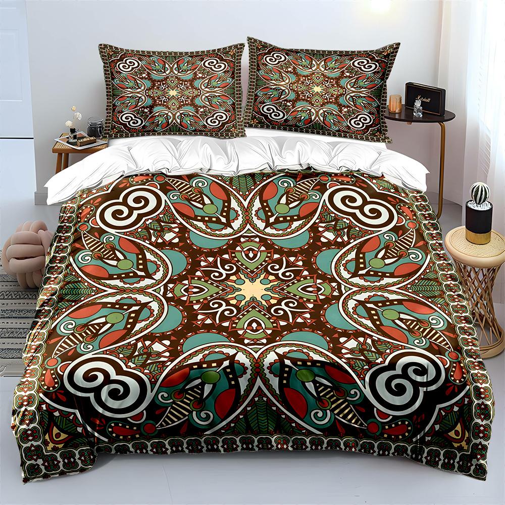 Intricate Symmetric Ethnic Pattern Duvet Cover Set Digital Print Colorful Polyester Bedding with Zipper Closur for Kids Gifts