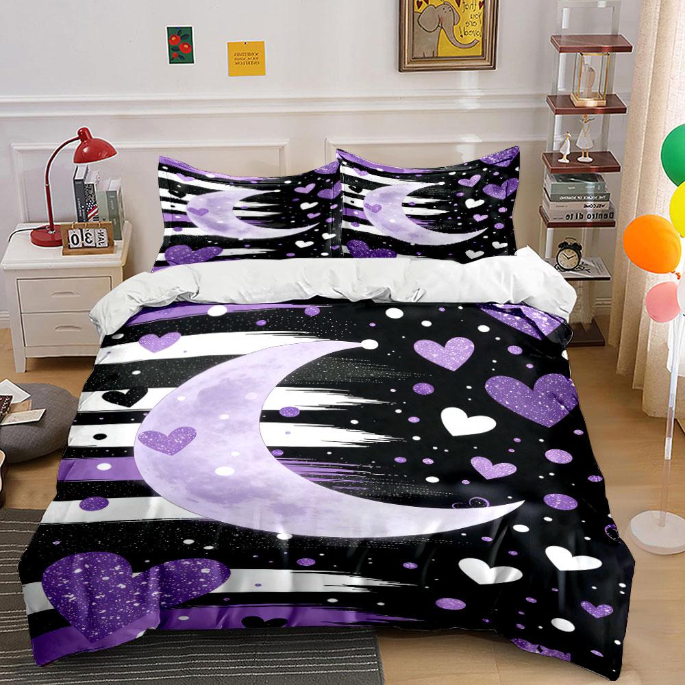 Purple Moon, Hearts, Stripes. Bedding Sets Duvet Cover Sets Duvet Covers Pillowcases(1 * Duvet Cover 2 * Pillowcases Without Duvet Insert)