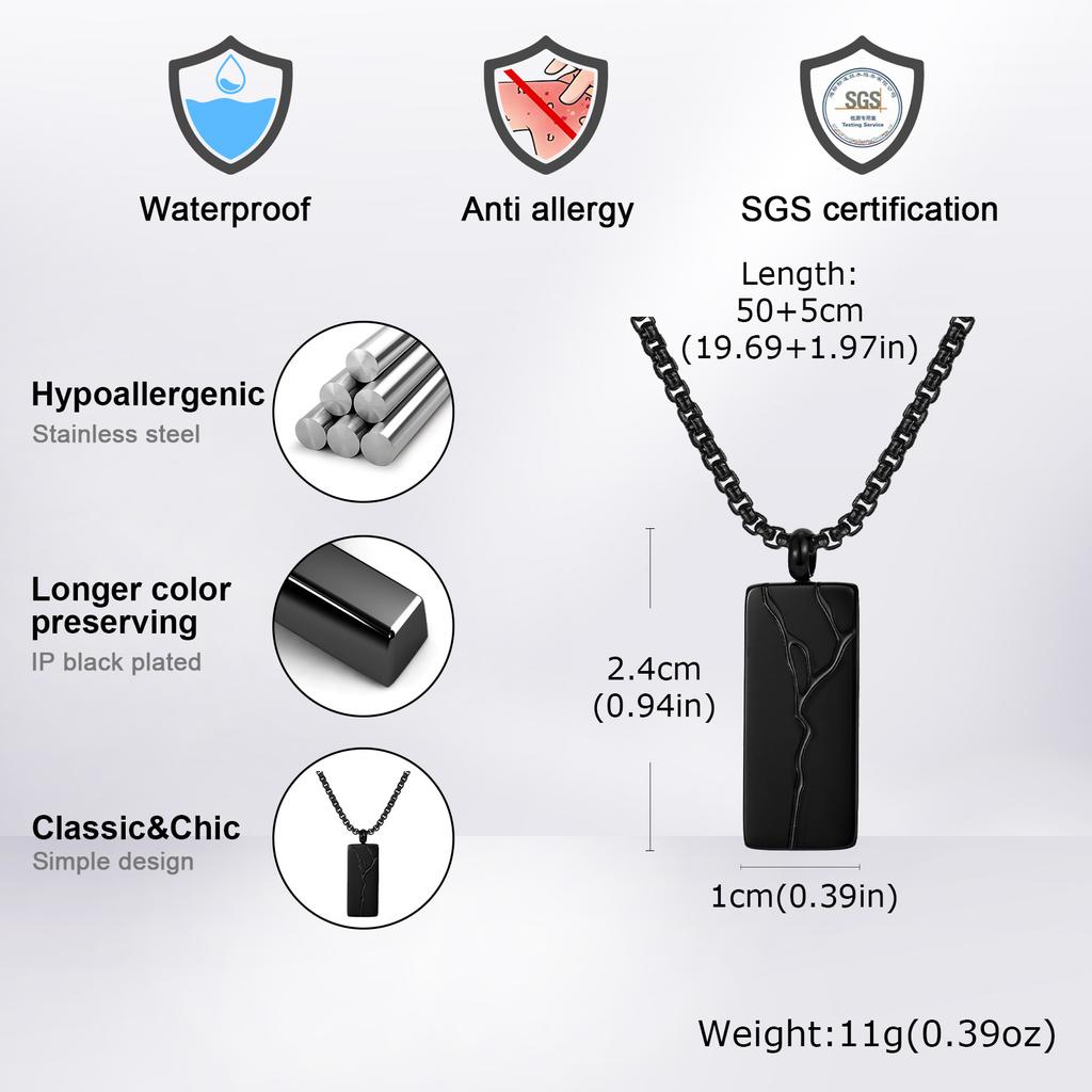 Stylish Crack Square Pendant Necklace for Men,Trend Stainless Steel Vertical Pendant,Jewelry Gift for Husband Dad Son