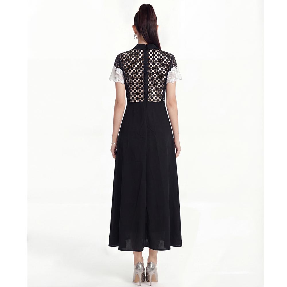 Summer New Arrival Black White Lace Chiffon Patchwork Slim-Fit Long Dress for Women Fashionable Short Sleeve Pleated Midi Dress