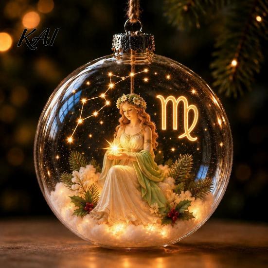 Decorative Spheres for Home Lighted Zodiac Christmas Ornament, Glowing Sign Ball with Warm LED, Acrylic Xmas Balls Party 3D Clear Hanging Pendant Tree