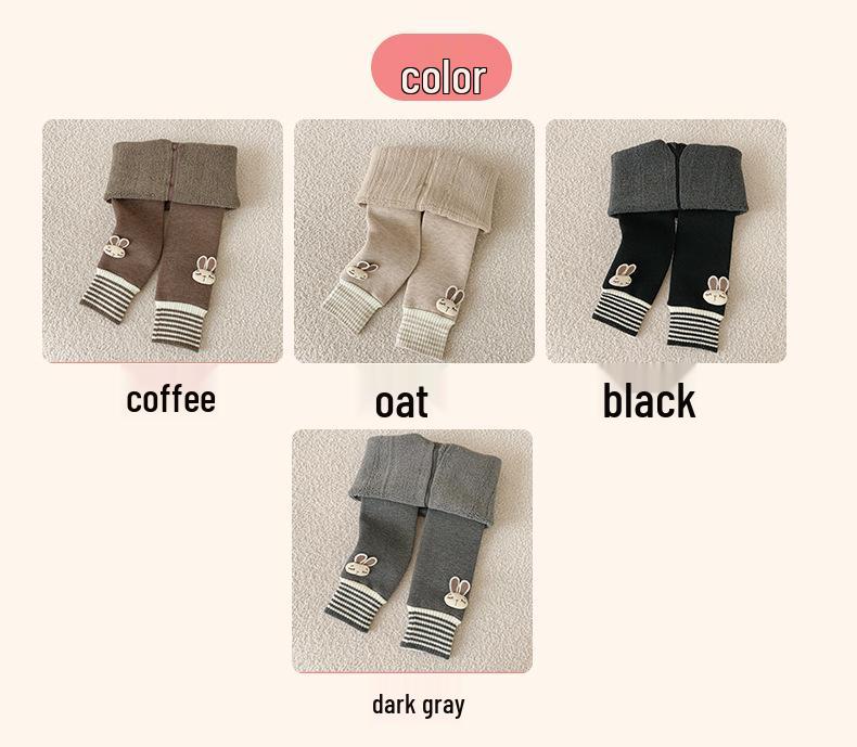 Girls' Velvet-Lined Fleece Leggings - Medium-Thick, Striped Rabbit Design for Winter