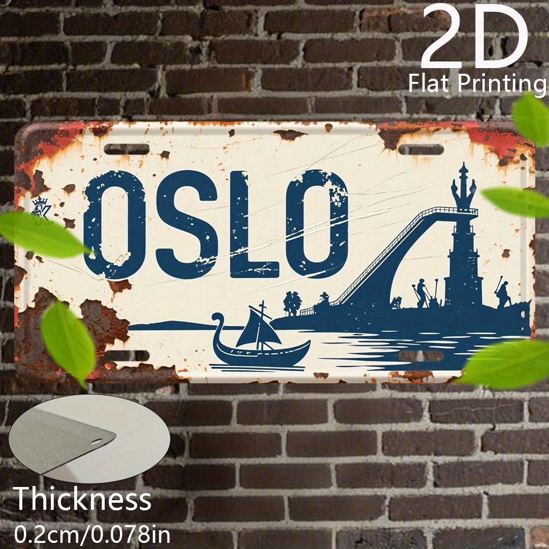 

Плоский 2D, 1 шт. Винтажный алюминиевый настенный знак Осло, Норвегия - Декор в деревенском стиле на тему путешествий с кораблем викингов, мостом и фигурами 15x30cm(5.9x7.8inch)