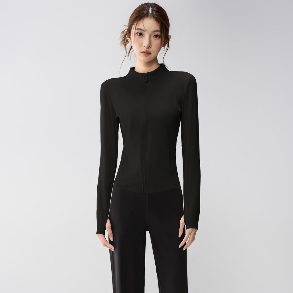 Full-Zip Yoga Suit with Pockets: Slimming Long Sleeve Top for Running & Fitness