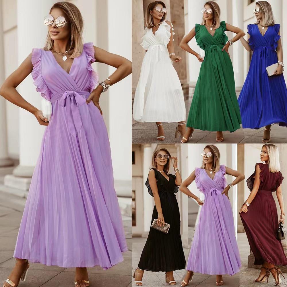 Mode Elegant Einfarbig Plissiert Kleider Damen V-Ausschnitt Hohe Taille Schnürung Rüschenärmel Chiffon Langes Kleid Weiblich Vestidos