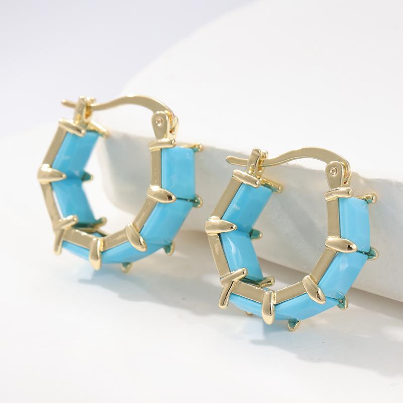Classic Turquoise Checkered Earrings for Women's Vintage Elegant Golden Plated Jewelry Accessories Exquisite Party Gifts