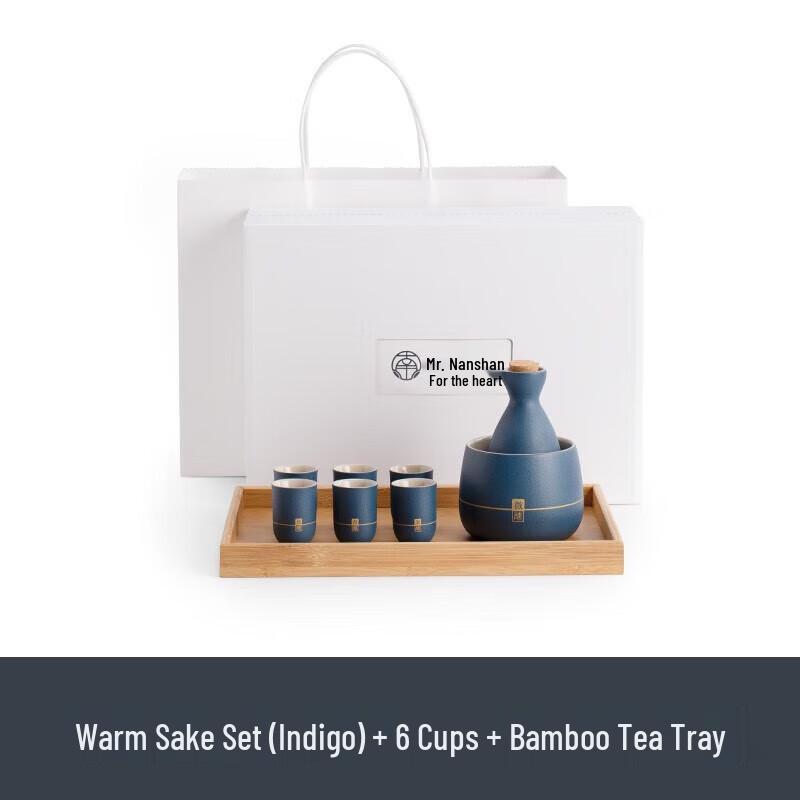 Japanese Sake Warmer Set with Indigo Cups and Bamboo Tray
