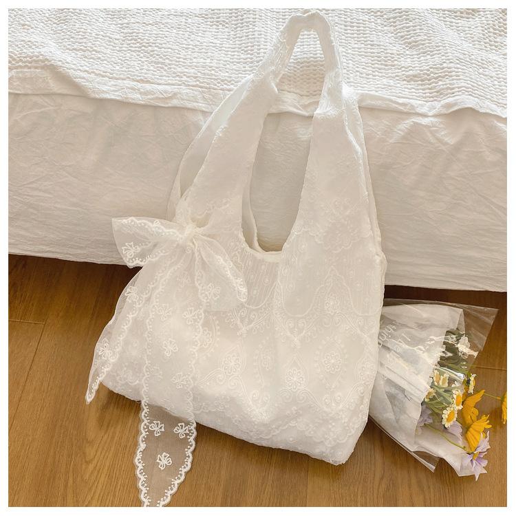 Borsa Tote in Cotone con Fiore di Pizzo Stile Coreano da Donna 2026 Nuova Grande Capacità da Spalla per il Pendolarismo