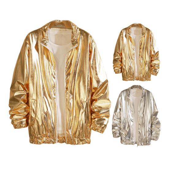 Men Coat Stand Collar Long Sleeve Zipper Closure Jacket