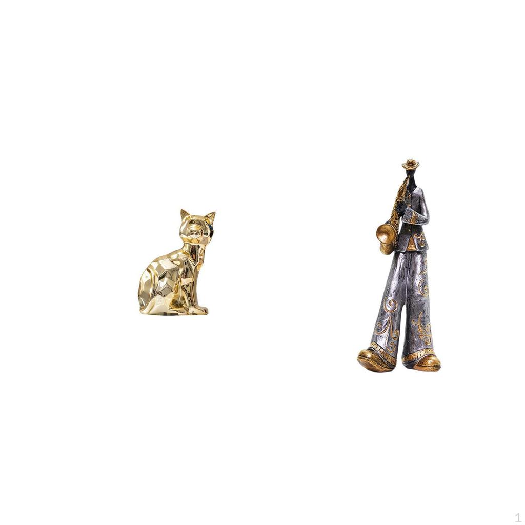 Cat Musician Statue Decorative Figurine Animal Sculpture Art Craft Ornament for Fireplace Resin