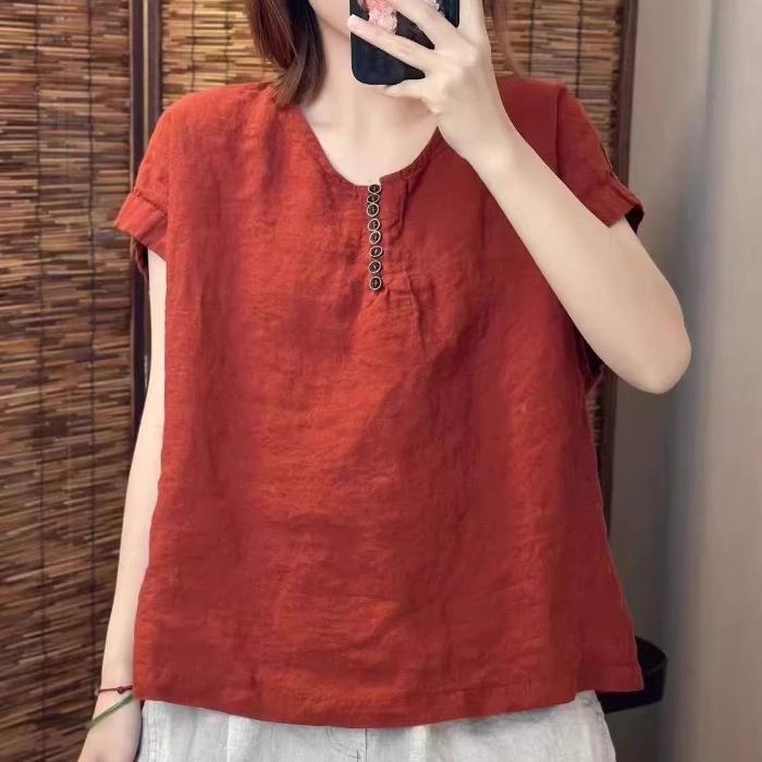 

Жіночий ретро топ з бавовни та льону з коротким рукавом та круглим вирізом 4XL (suggested for 78-85 kg) червоний/помаранчевий