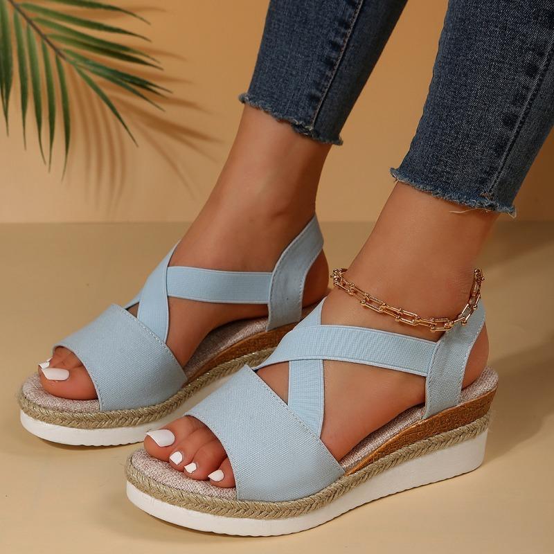 

Large size summer new European and American hemp rope wedge heel women s sandals, snug flat beach sandals 42 светло-синий