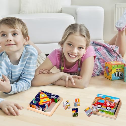 6-in-1 Wooden Cube Puzzle, 3D Montessori Educational Toy for Toddlers, Develops Hand-Eye Coordination, Perfect for Boys & Girls Ages 1-4