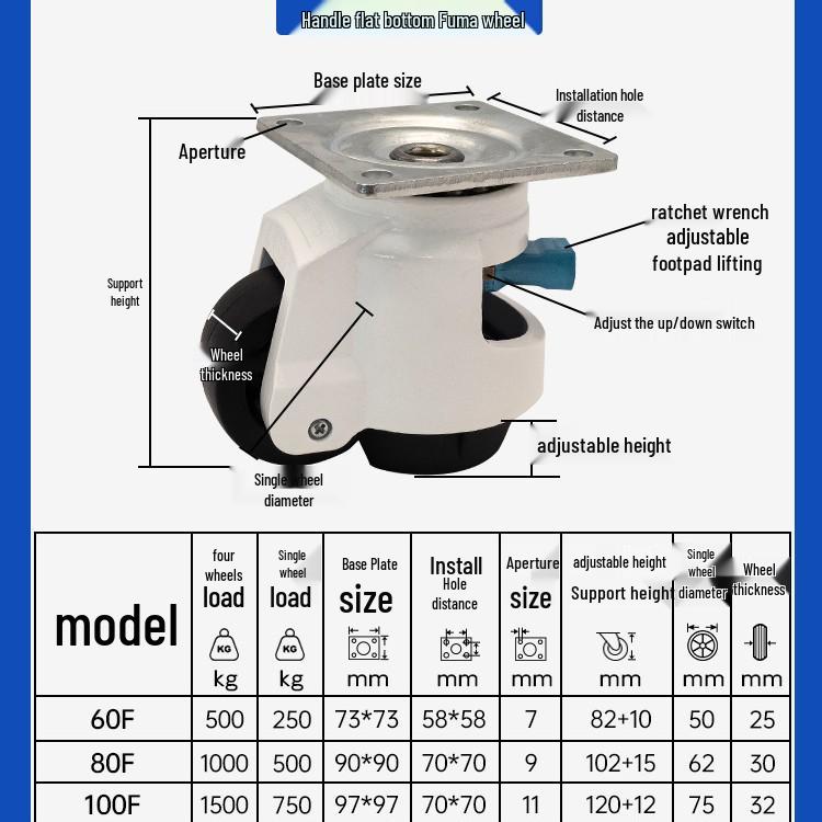 

Model 6080100F Foma Wheel Quick-Adjust Leveling Swivel Caster for Heavy Equipment 60S Blue Handle