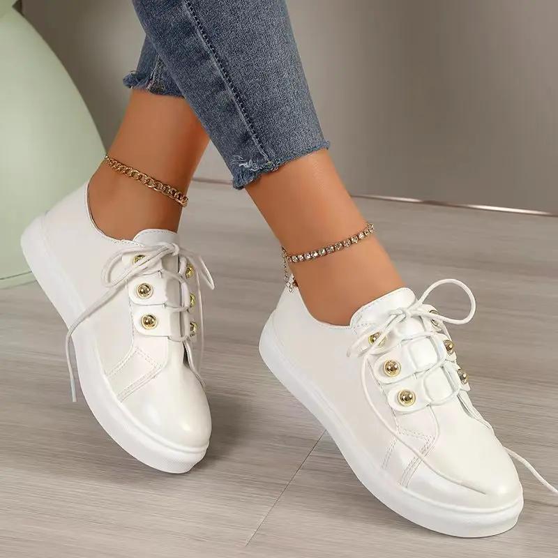 Summer White Women Shoes Fashion Round Toe Platform Shoes Plus Size Casual Sneakers Lace Up Flats Women Slip On Tennis Shoes
