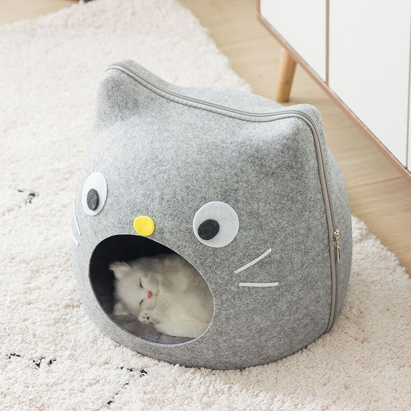 Cute Felt Cat Shape Bed Cats Semi Enclosed House for Cats Cartoon Sturdy and Non Collapsing Puppy Kitten Bed Pet Supplies Gifts