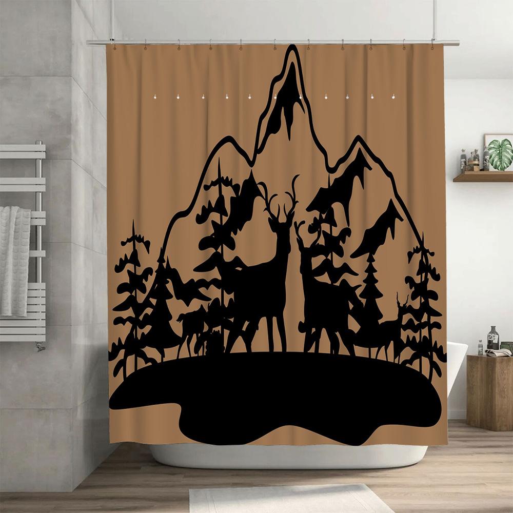 Berg-Sonnenuntergang Duschvorhang mit Elch-Silhouette Dekoratives Wasserdichtes Gewebe Badezimmerdekoration Schwarz/Beige Farbset (180X2