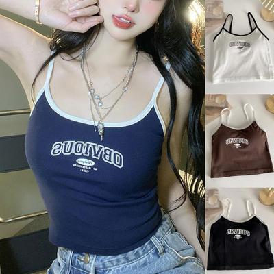 Frauen Mit Gepolsterter Bh Crop Tops Oansatz Solide Crop Tops 2023 Sommer Brief Druck Tops Spaghetti Leibchen