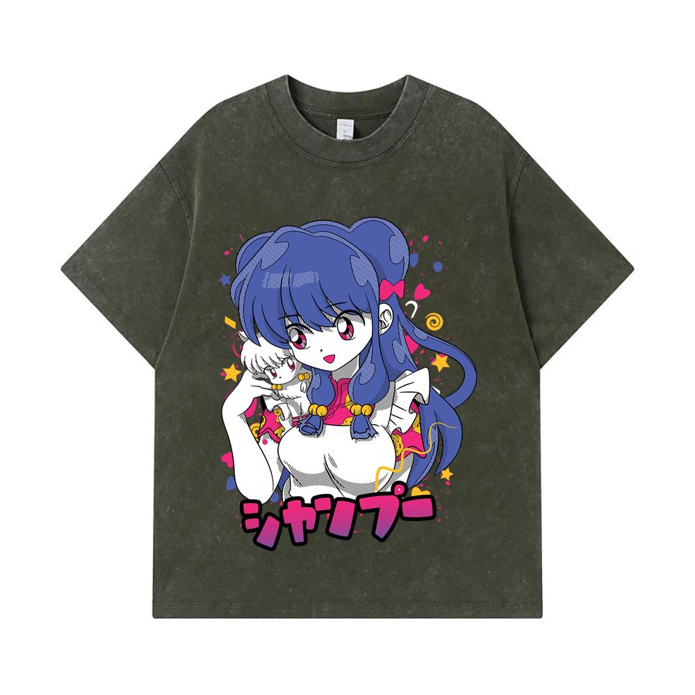 

275 GSM Washed T-shirts 100% Cotton Ranma 12 V3 Shampoo Print Unisex Heavy Cotton T Shirt S армия зеленый