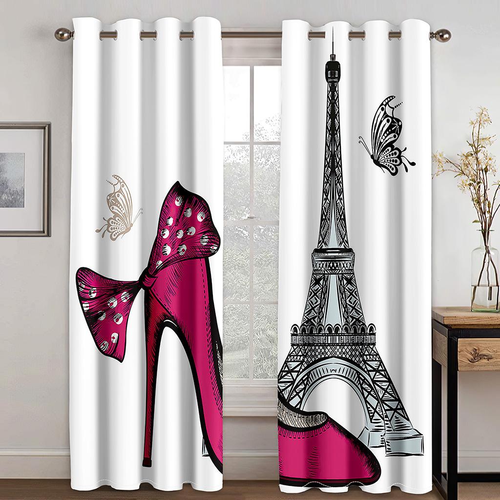 Cartoon Romantic Pink Paris Effiel Tower GirlWindow Curtains Drapes for Kids Bedroom Living Room Kitchen Door Home Decor 2Pieces