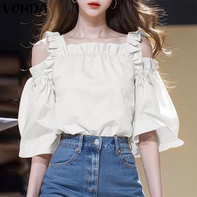 Women Summer Square Neck Ruffle Off Shoulder Short Sleeve Blouses