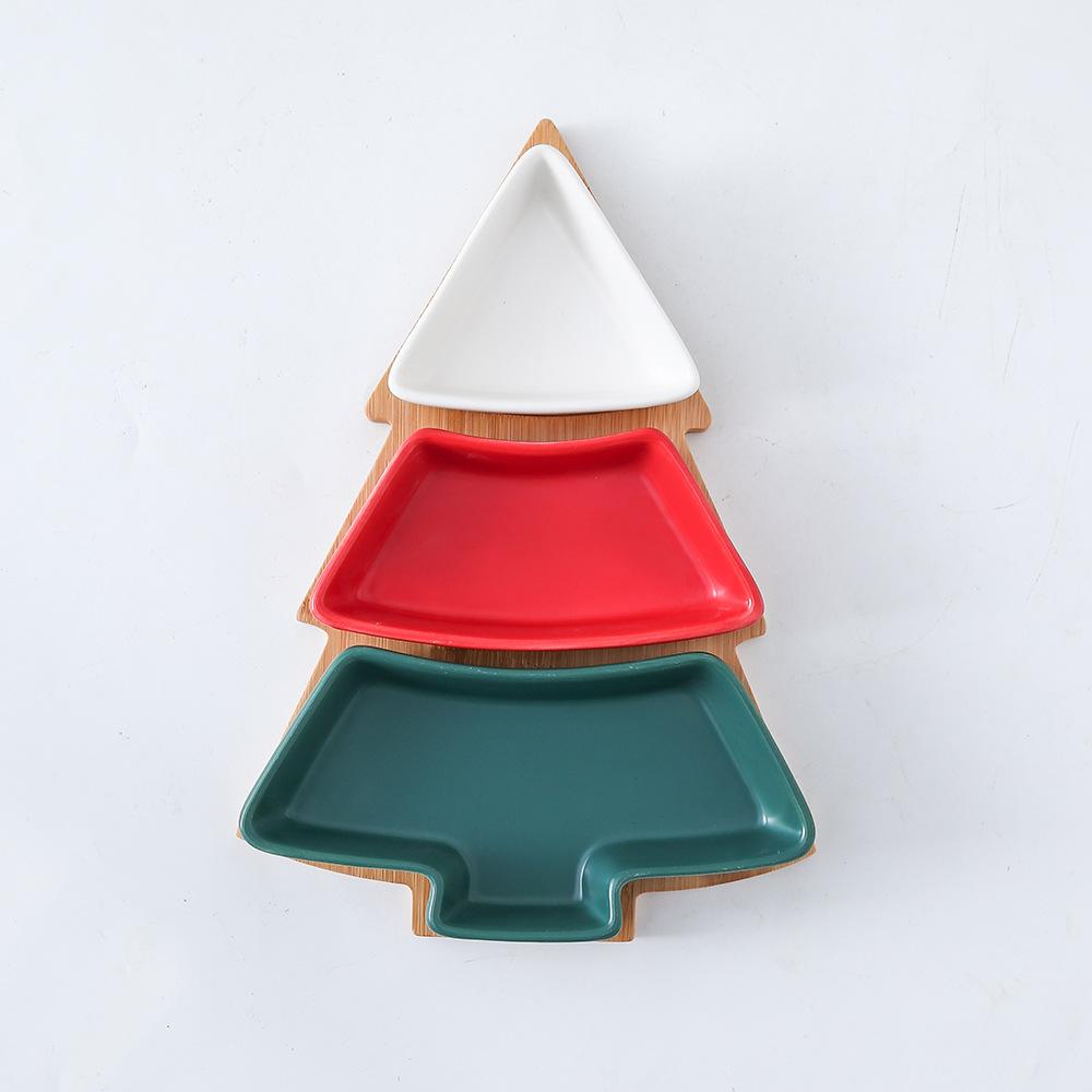 Ceramic Bamboo Wood Christmas Tree Partition Plate Platter Fruit Bowl Breakfast Dish Home Decoration