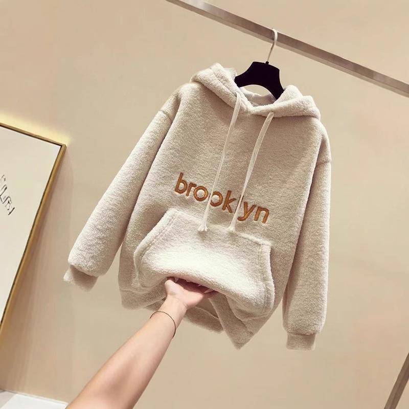 Women's 2024 Autumn/Winter Korean Style Lambswool Hooded Sweatshirt - Loose Fleece-Lined Thick Top