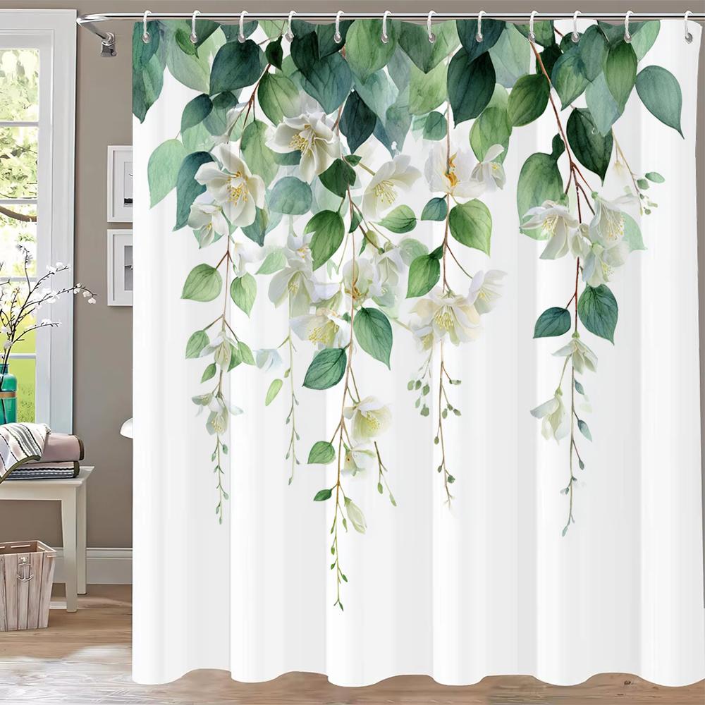 1 pc Green Plants, Leaves and Flowers Shower Curtains With Hooks Bathroom Curtains Printing Shower Curtain Home Decor Curtain