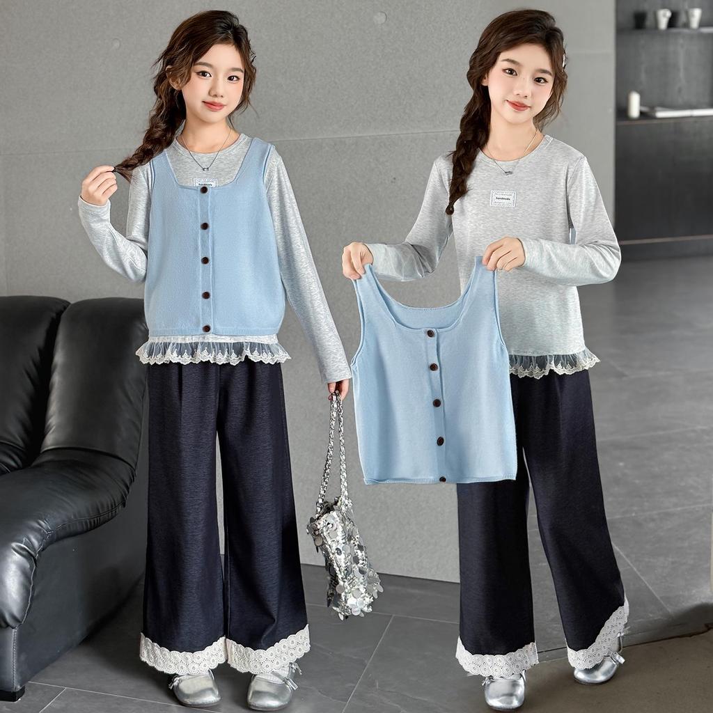 2025 Girls' Spring & Autumn Korean-Style Lace Fashion Three-Piece Set