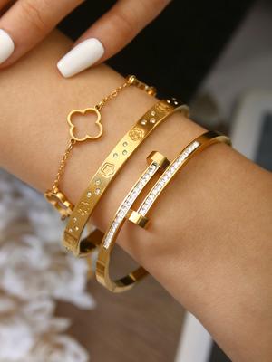 Elegante Brazalete Francés de Acero Inoxidable con Flor de Lis, Doble Pincho con Circonita, Conjunto de Joyería de Pulsera de Flor Hueca