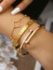 French Elegant Stainless Steel Cinquefoil, Double Stud Zirconia Bangle, Openwork Flower Bracelet Jewellery Set