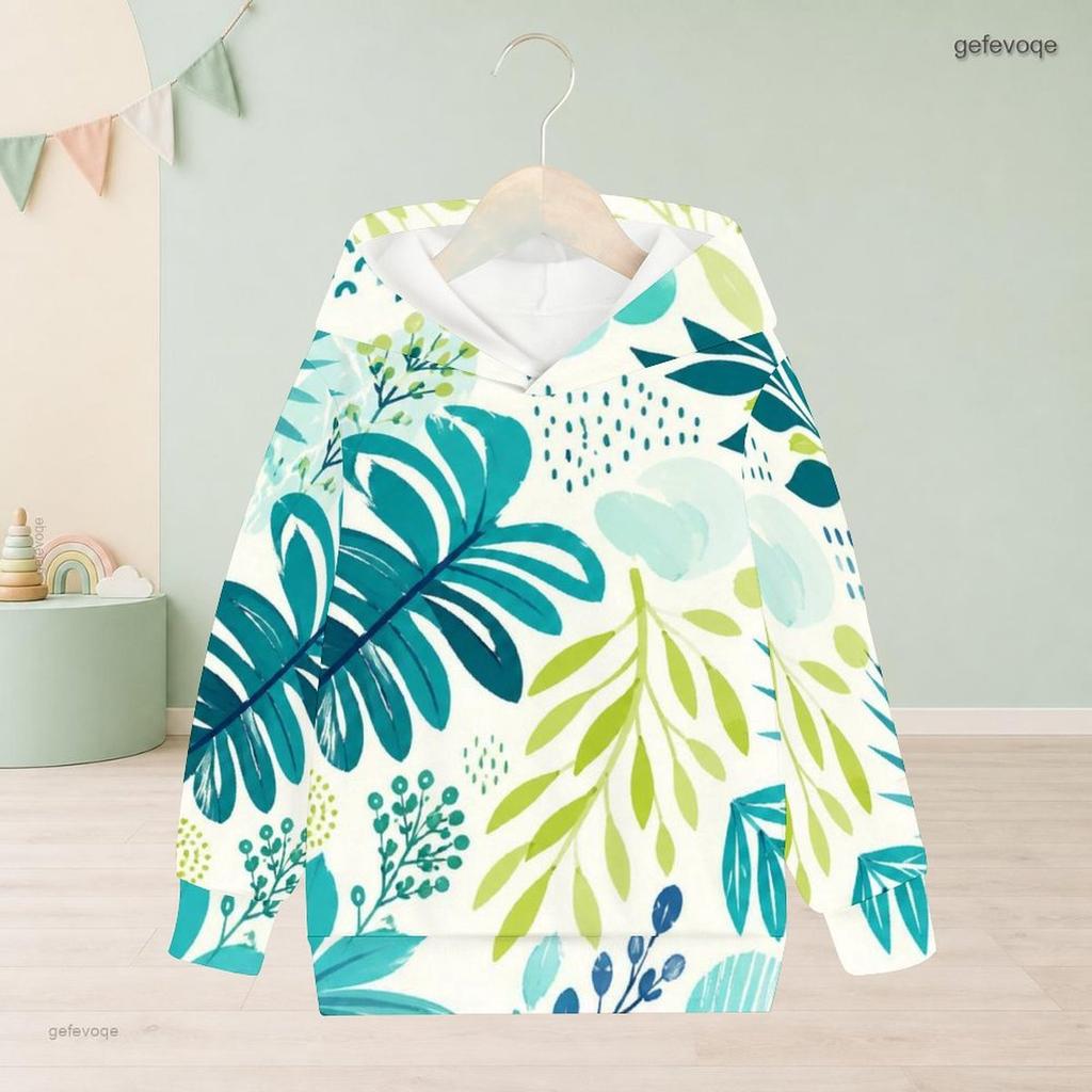 Girls Long Sleeve Hooded Pullover Tropical Leaf Printed Sweatshirt