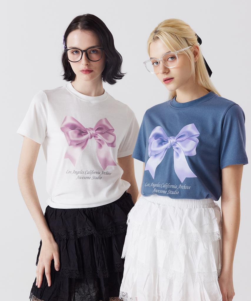AWESOME STUDIO Ribbon Digital Print Short Sleeve T-Shirt Indigo Blue