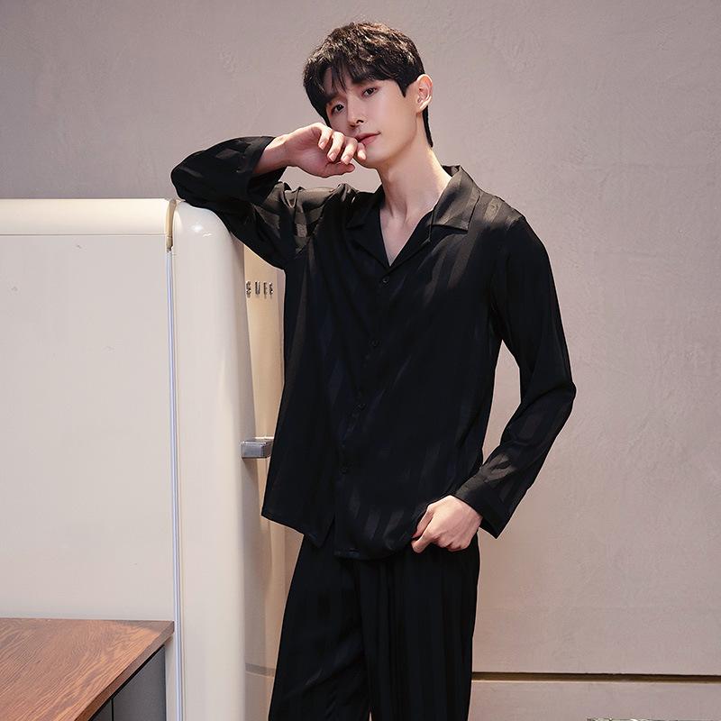 

Couple ’s Ice Silk Pajama Set Long Sleeve Top and Pants Men s Spring Autumn Summer Black Striped Loungewear XXL чорний
