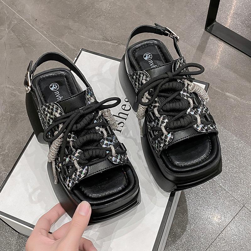 Fashion New Summer Women Leather Chunky Sandals High Platform Trainers Breathable Casual Slippers Shoes Woman 8CM Heels Wedge Sneakers