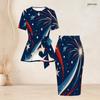 Women Plus Size Round Neck Short Sleeve Printed Tie Waist Top And Fitted Skirt Two Piece Set