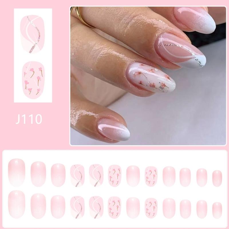 24 Pieces Artificial Nail Short Almond Styles Press on Nail Glitters Floral Patterns False Nail For Various Occasion
