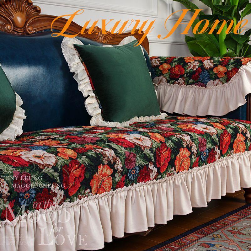 

[Vintage Flowers] Classy Fabric Sofa Cushion American Retro Oil Painting Florals Sofa Cover Towel All Year Round Neutral Flowers 70*80cm (send 17cm vertical side)