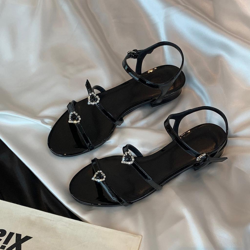 Sheepskin Version~ French Rhinestone Love Buckle Flat-soled Sandals for Women's Summer Versatile Round Head with Thick Heels and Cool Slippers