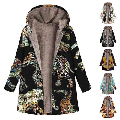 Lässiger, langärmliger Mantel aus Plüsch mit Kapuze und großem Druck für Damen mit Reißverschluss und Taschen für den Winter