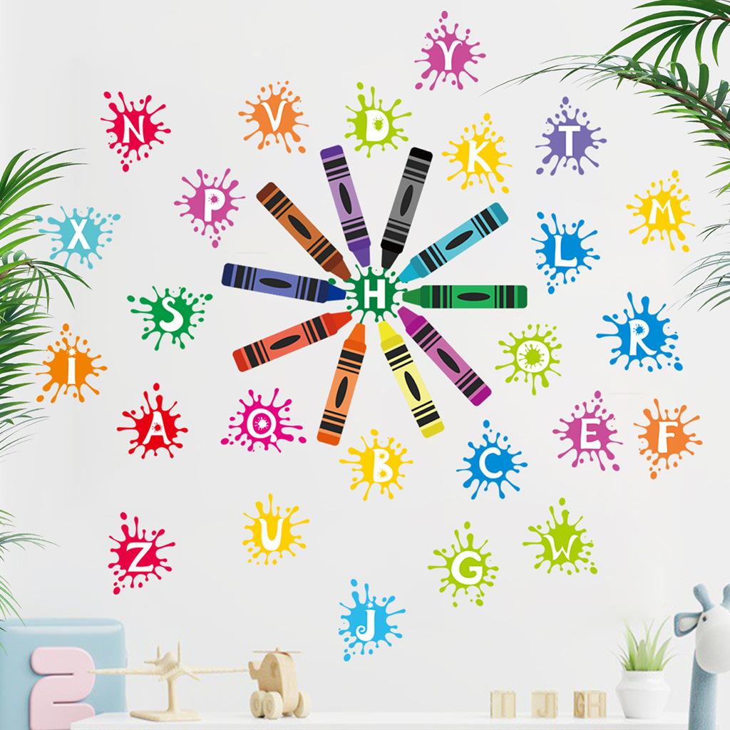 Colorful Crayon Alphabet Wall Stickers, Educational ABC Letters Removable Decals for Kids Room Nursery Learning Decor