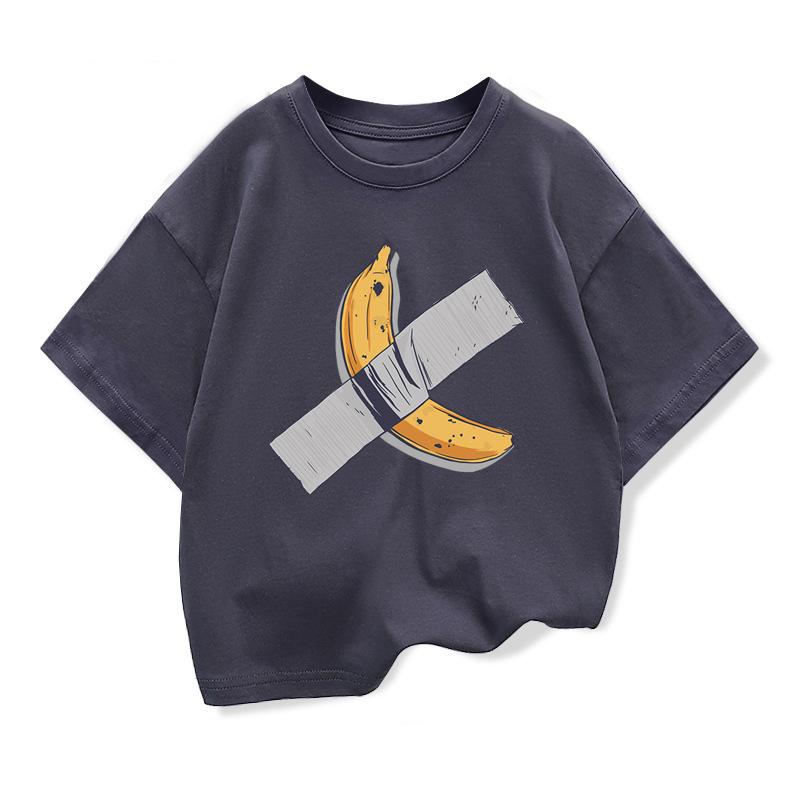 Children's clothing banana hanging on the wall pattern, children's fashion short sleeved T-shirt, popular design, children's round neck loose T-shirt