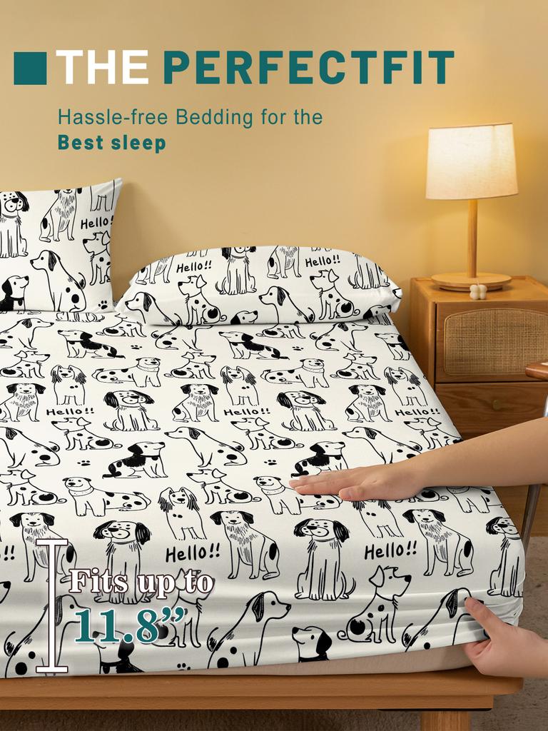 1 Cartoon Cute Animal Dog Printed Matte Fitted Sheet, Bedroom Printed Bed Cover, Bedding (Excluding Pillowcases)