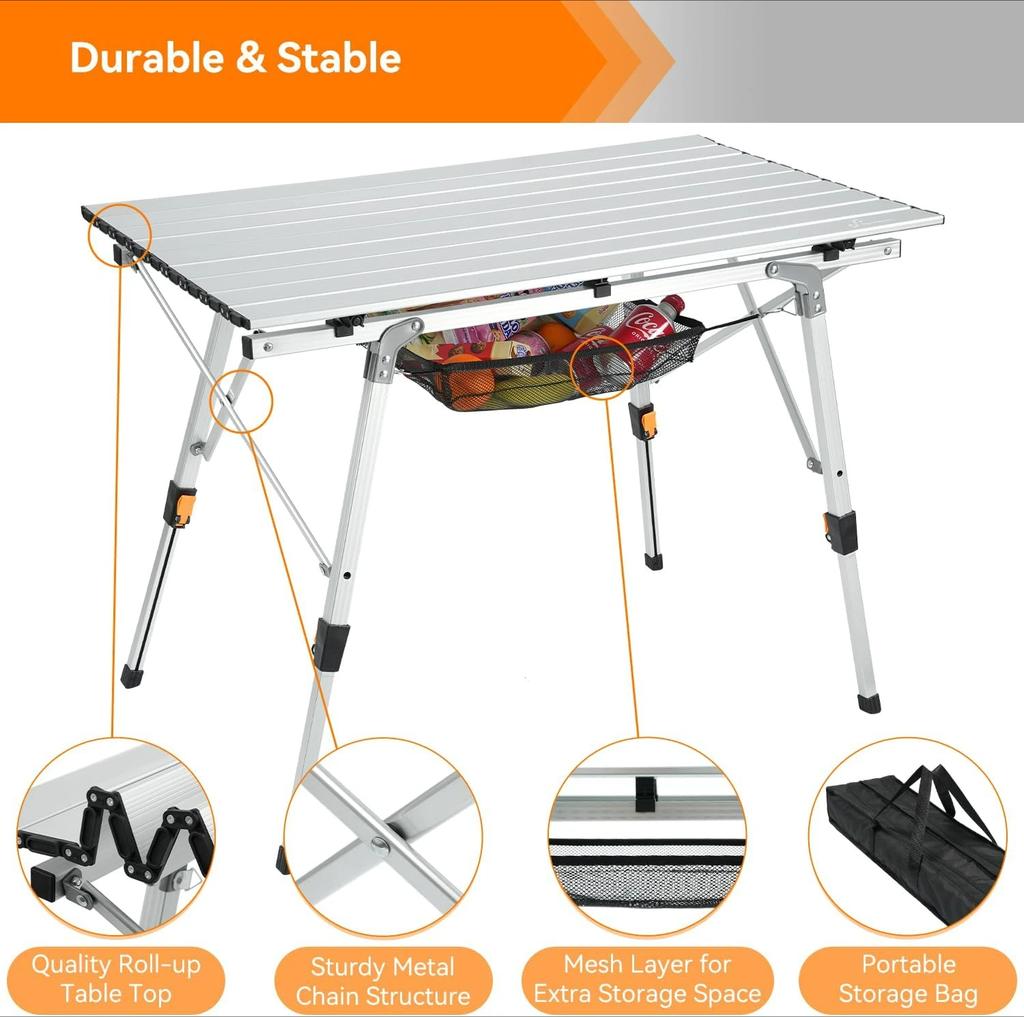 2-in-1 Folding Camping Table with Removable Mesh Layer - Lightweight Adjustable Height Aluminum Table for BBQ, Beach,