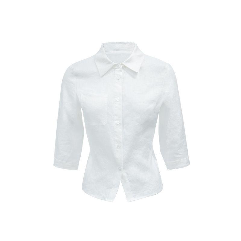 

Audwyn Льняная рубашка с полурукавами Женская Летняя Новинка Дизайнерская Приталенная Элегантная Белая с Лацканами Топы White L In Stock