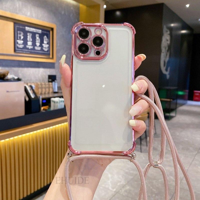 Plating Clear Strap Case For OPPO Realme 13 Pro Plus C55 C53 Reno 12F 12 11F 11 10 8 Crossbody Lanyard Cord 6D Shockproof Cover