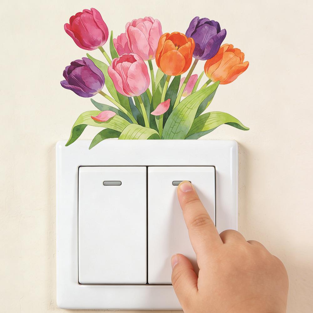Vibrant Watercolor Tulips Switch Sticker Self-Adhesive Removable for Bedroom Living Room Hallway Home Decor Art