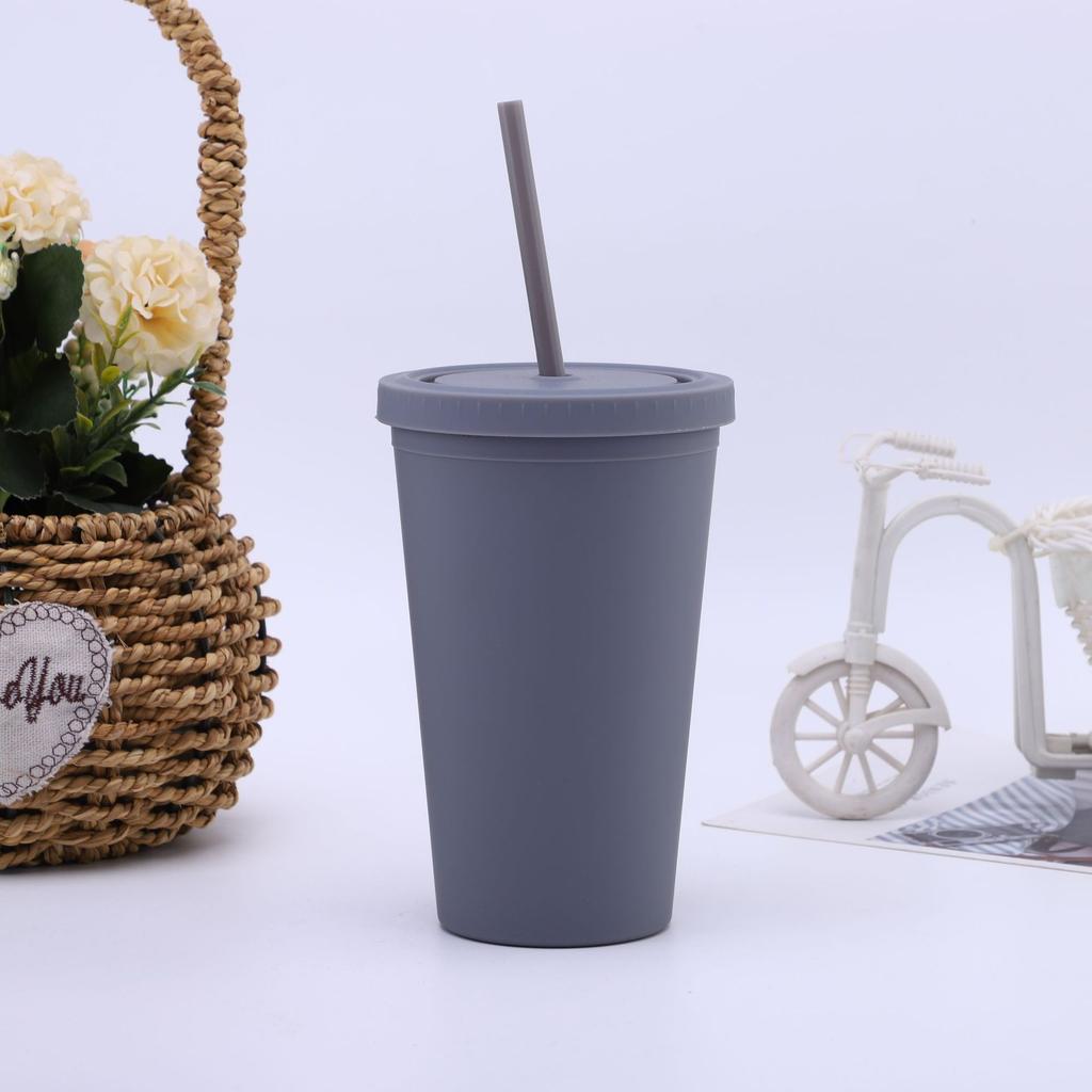 16/24 oz doppelwandiger Plastikbecher mit Strohhalm, Kaffeebecher, gefrosteter Plastikbecher, handlicher Wasserbecher, leicht zu tragen, Strohhalm, Wasserkocher, Sportflasche